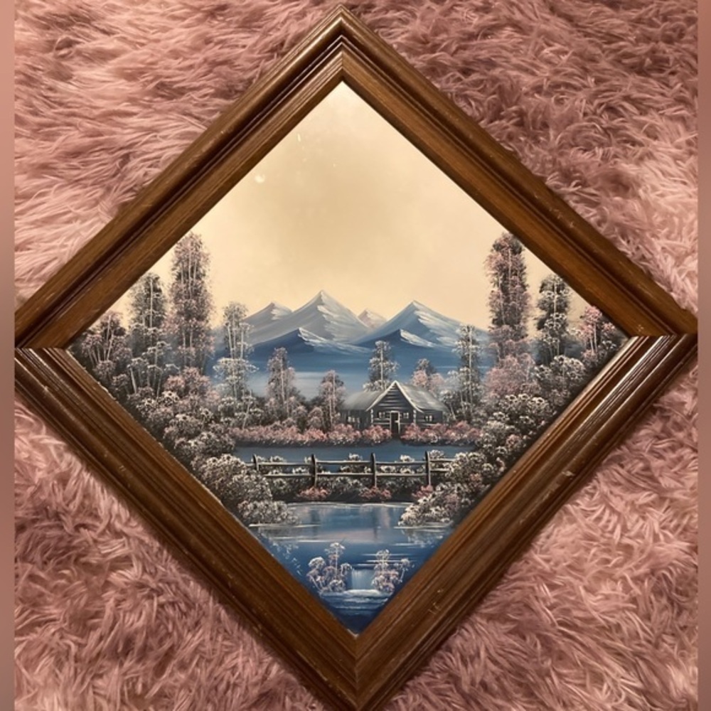 Rare Oil Paint Lake Cabin Mountains Scene Original Painted on Mirror